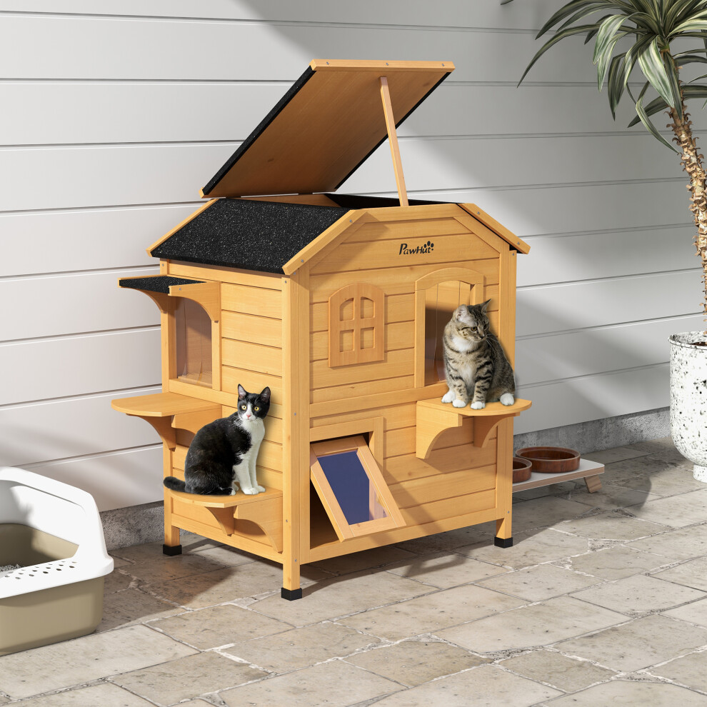 PawHut Wooden Cat House Cat Cave Pet Shelter Condos Outdoor Natural Wood Finish