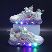 (32-insole 20cm, Purple) Girls Led Casual Sneakers Elsa Princess Print Outdoor Shoes Kids Light-up Non-slip Shoes For Spring And Winter