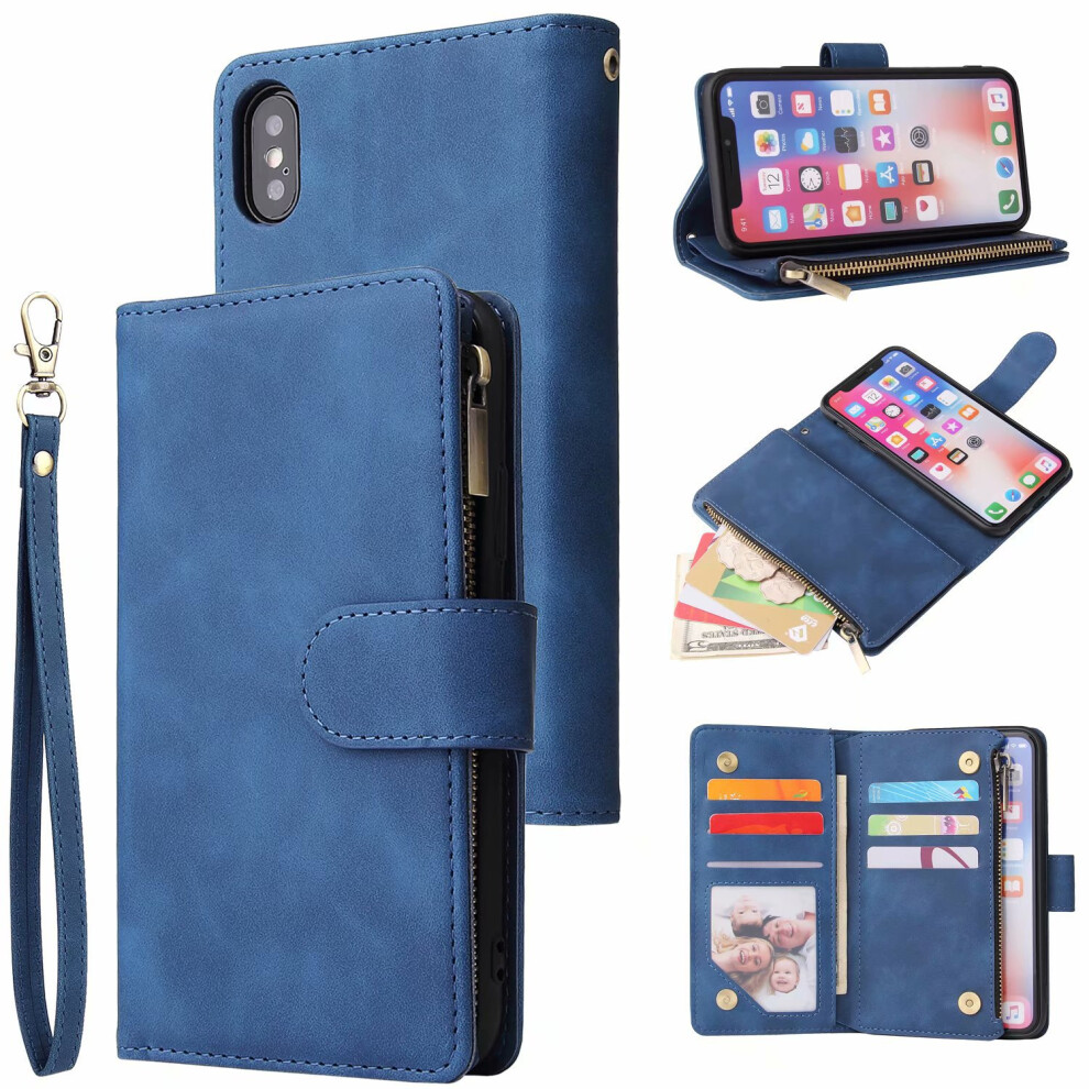 (Blue) Compatible With Samsung S24 Fe Phone Caseï¼Magnetic Closure Zipper Pocket Case Slots Wrist Strap Shockproof Flip Cover Blue 6903319066986
