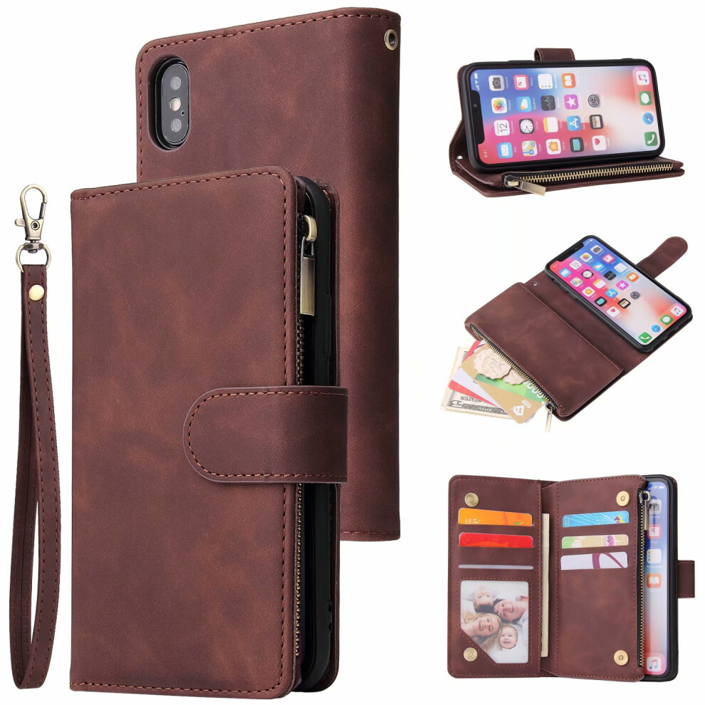 (Coffee) Compatible With Samsung S9 Phone Caseï¼Magnetic Closure Zipper Pocket Case Slots Wrist Strap Shockproof Flip Cover Brown 6903319066269