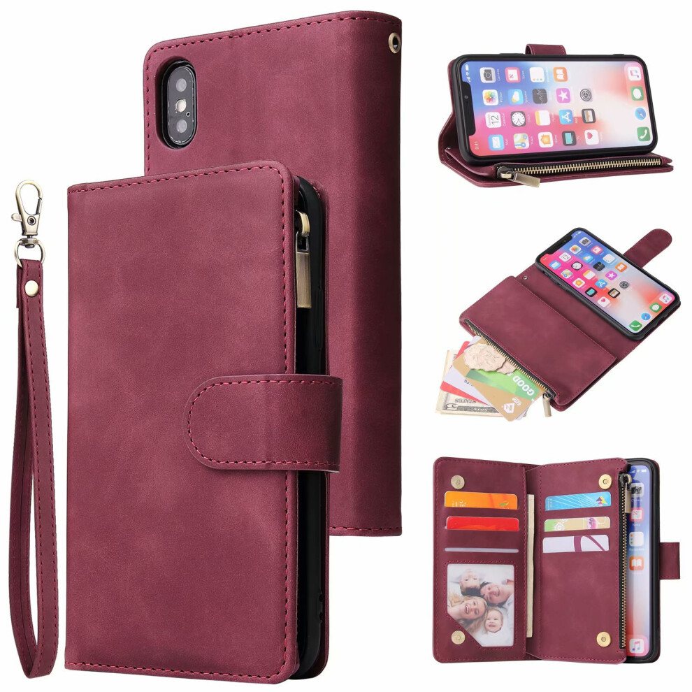(Wine ) Compatible With Iphone 11 Phone Caseï¼Magnetic Closure Zipper Pocket Case Slots Wrist Strap Shockproof Flip Cover Red 6903319064708