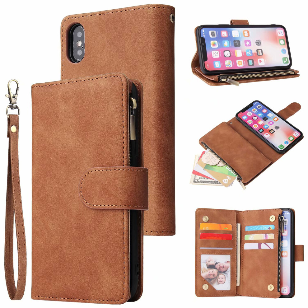 (Brown) Compatible With Iphone 15 Caseï¼Magnetic Closure Zipper Pocket Case Slots Wrist Strap Shockproof Flip Cover Brown 6903319067204