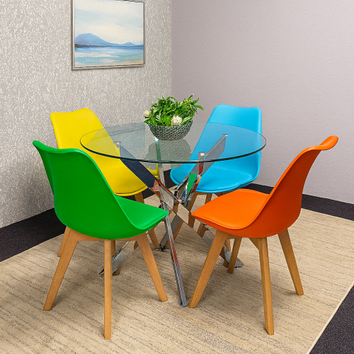 Round Glass Dining Table and 4 mix  Colour leather  Chairs