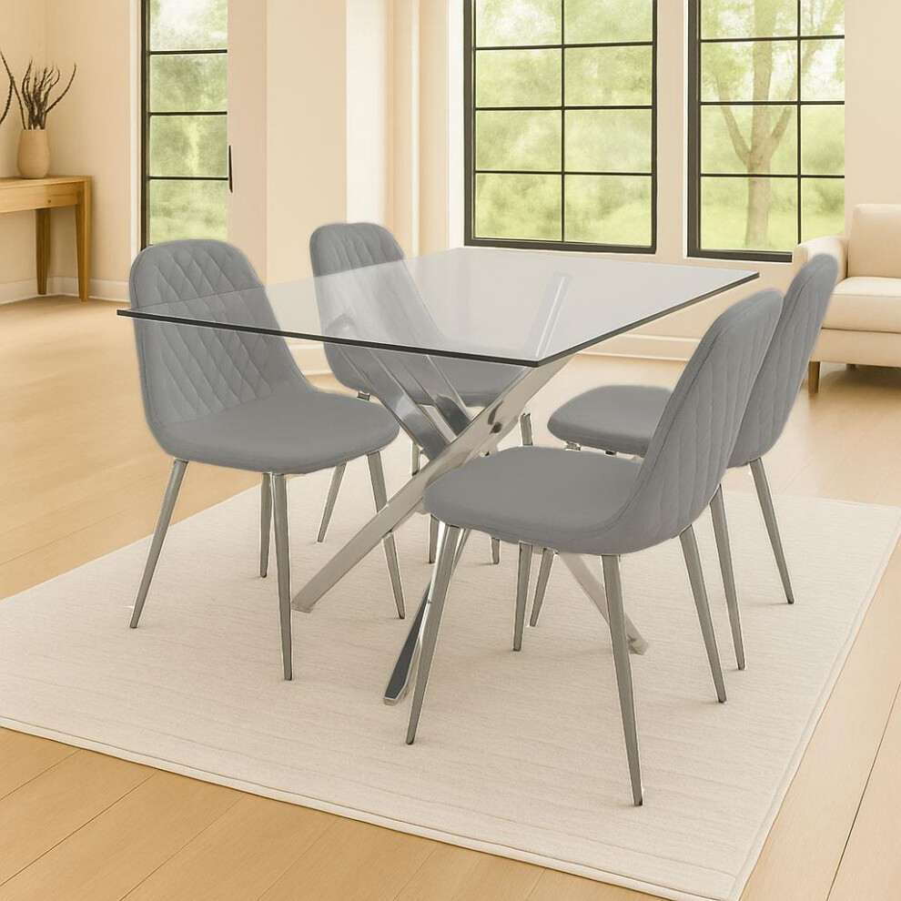 Round Glass Dining Table with 4 Grey  Leather Chairs Dining Room Furniture