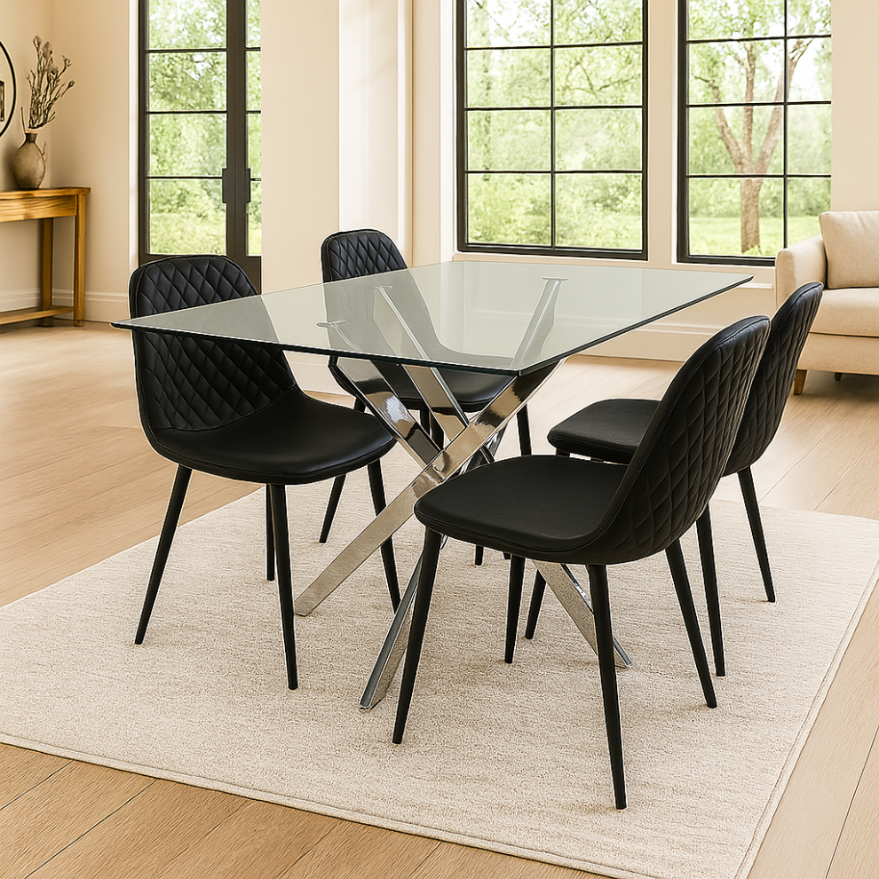 Round Glass Dining Table with 4 black   Leather Chairs Dining Room Furniture