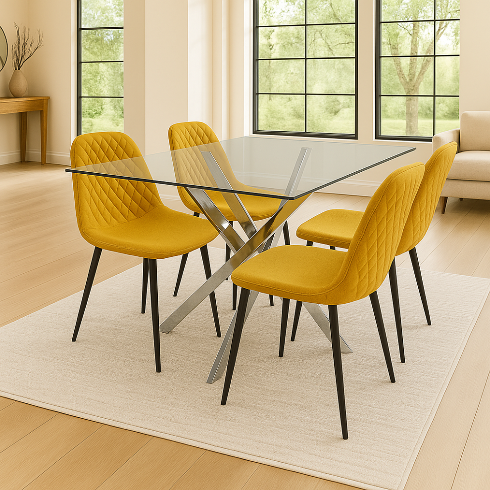 Round Glass Dining Table with 4 musturd  Leather Chairs Dining Room Furniture