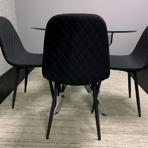 Round Glass Dining Table with 4 black leather paded Chairs  Dining Table Set 2