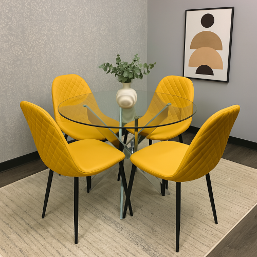 Round Glass Dining Table with 4 Mustard Leather Chairs