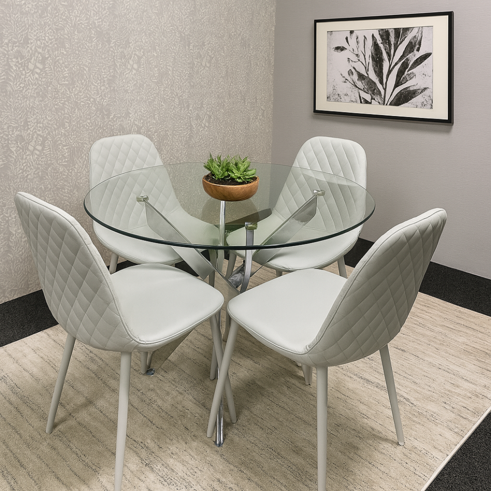 Round Glass Dining Table and 4 Grey  Colour leather  Chairs