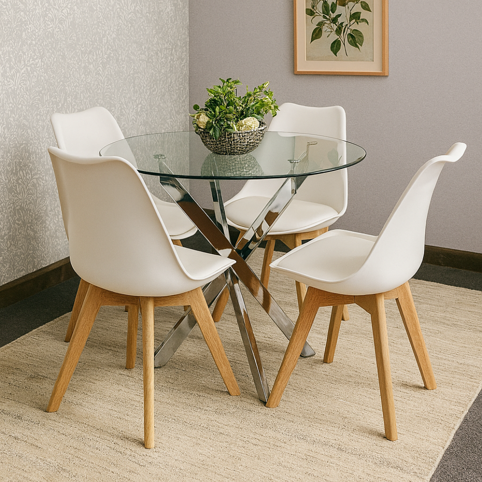 Round Glass Dining Table and 4 cream  Colour Chairs Dining Room Furniture