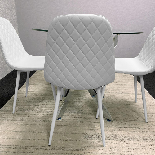 Round Glass Dining Table with 4 White Leather Kitchen Chairs 2