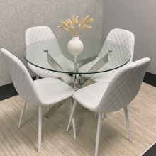 Round Glass Dining Table with 4 White Leather Kitchen Chairs