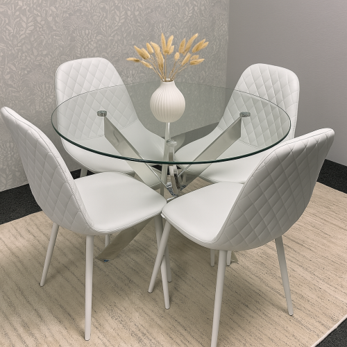 Round Glass Dining Table with 4 White Leather Kitchen Chairs