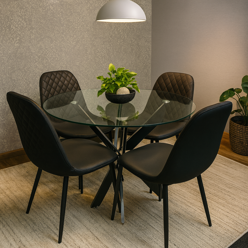 Round Glass Dining Table with 4 black leather paded Chairs  Dining Table Set