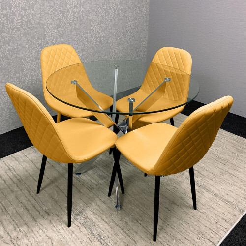 Round Glass Dining Table with 4 Mustard Leather Chairs 2