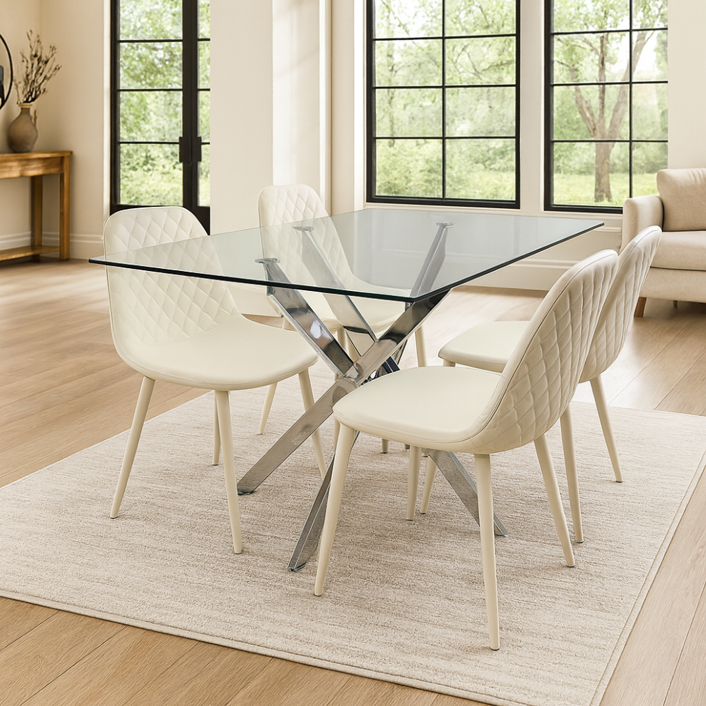 Round Glass Dining Table with 4 cream  Leather Chairs Dining Room Furniture-image-OPC-PJ5QYMK-NEW