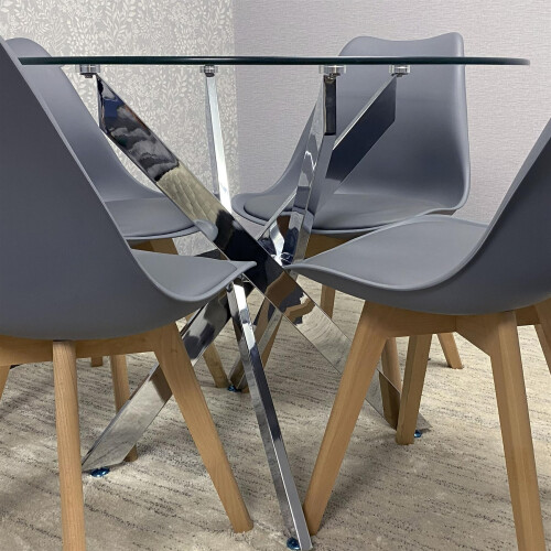 Round Glass Dining Table and 4 grey   Colour leather  Chairs 2