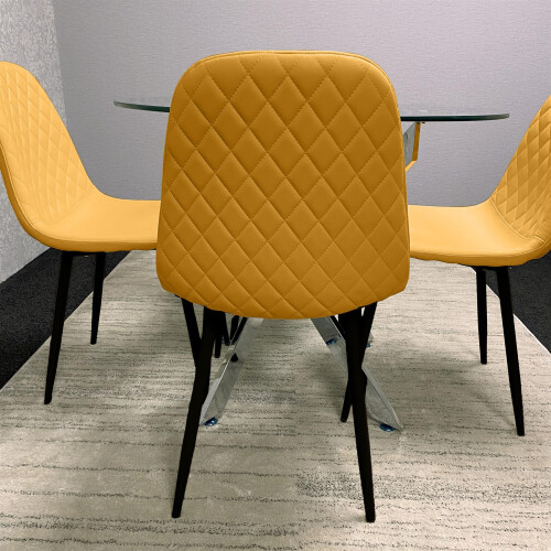 Round Glass Dining Table with 4 Mustard Leather Chairs 1