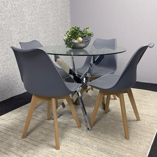 Round Glass Dining Table and 4 grey   Colour leather  Chairs 1