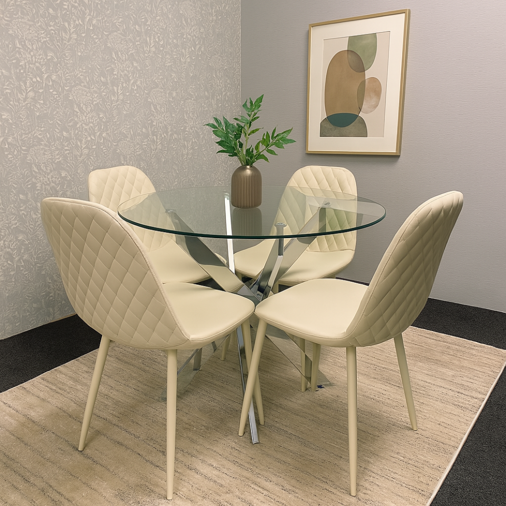 Round Glass Dining Table with 4 cream leather paded Chairs  Dining Table Set