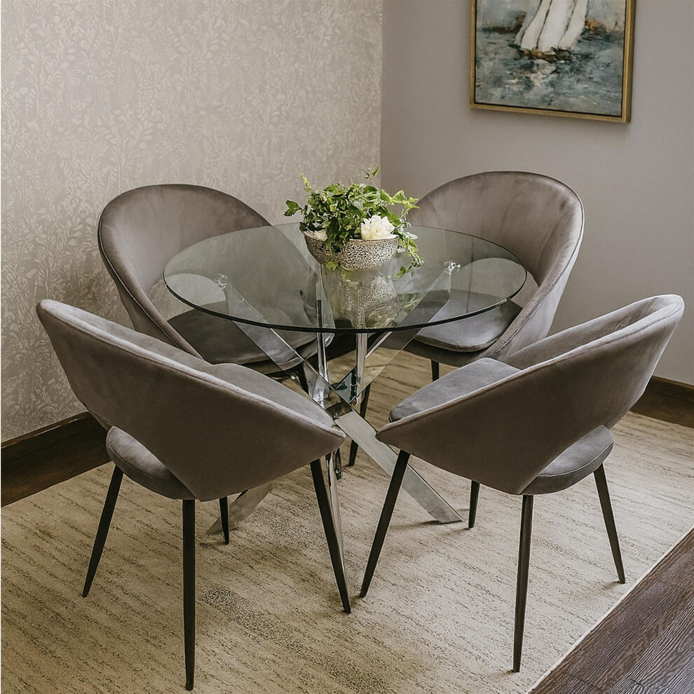 Round Glass Dining Table with 4 Grey Velvet Chairs - Dining Kitchen Room Furniture