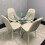Round Glass Dining Table with 4 cream leather paded Chairs  Dining Table Set 4