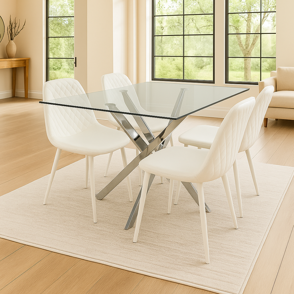 Round Glass Dining Table with 4 White Leather Chairs Dining Room Furniture