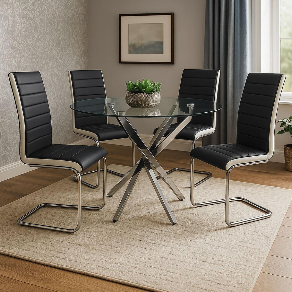 Round Glass Dining Table with 4 black  Leather Chairs Dining Room Furniture