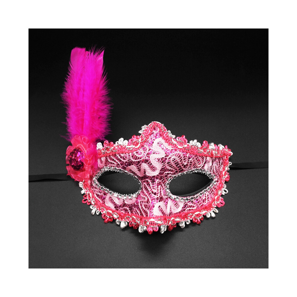 (Small hat with side feathers-rose red, One size) Party mask masquerade mask female PVC feather princess mask Christmas supplies-image-OPC-PJ5RFD6-NEW