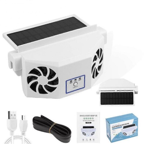 (White) Car Ventilating Fan Solar For Window Cooling Powered Cooler Travel