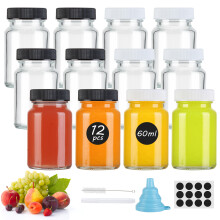 12 Pack 2oz Glass Juice Bottles with Black & White Lids, Mini Shot Bottles