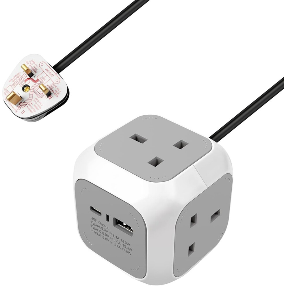 4 Way Power Cube Extension Lead with Dual USB Ports, 1.5m, Grey