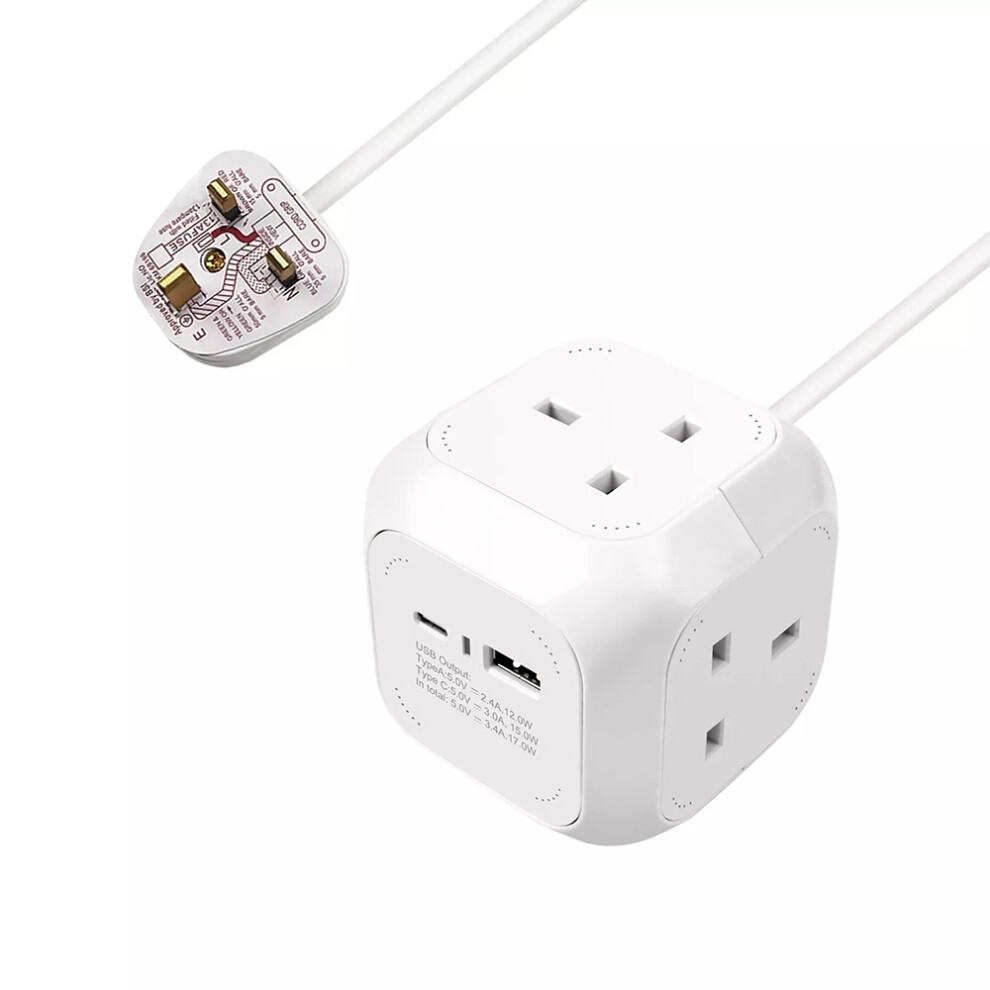 4 Way Power Cube Extension Lead with Dual USB Ports, 1.5m, White