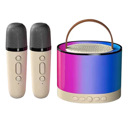 Crèmekleurige mini-karaokemachine met 2 draadloze M 1