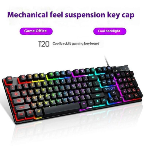 T-WOLF T20 USB Wired Gaming Keyboard with Colorful Backlit Ergonomic Mechanical Keyboard 1