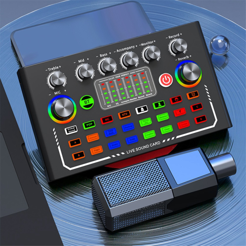 F009 Placa de som ao vivo com mixer de áudio e efeitos de DJ 2
