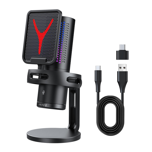Microfon de gaming profesional cu condensator, RGB, USB, alb