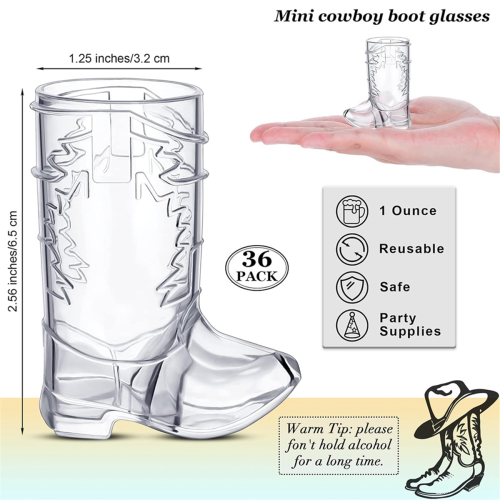 36 Pieces 1 OZ Clear Cowboy Glasses Mini Boot Shot 2