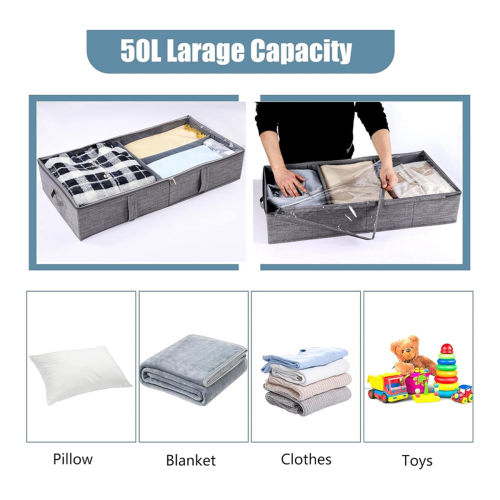 50L Under Bed Storage Box with Lid, Foldable Linen 2