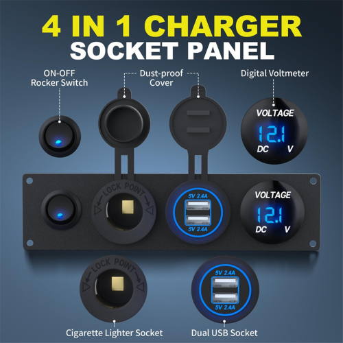 Πάνελ USB 12V 4 σε 1 + βολτόμετρο LED και διπλός φορτιστής 2