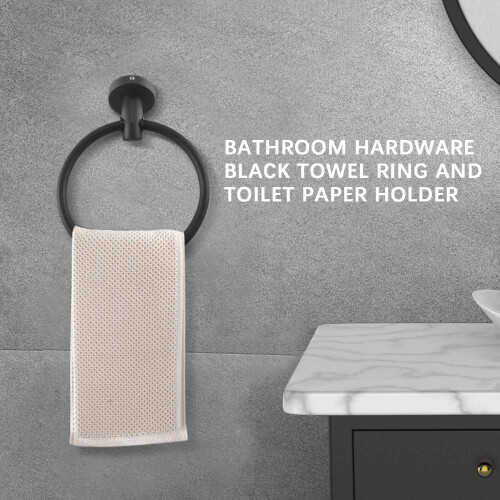 2Pcs Bathroom Hardware Black Towel Ring and Toilet 2