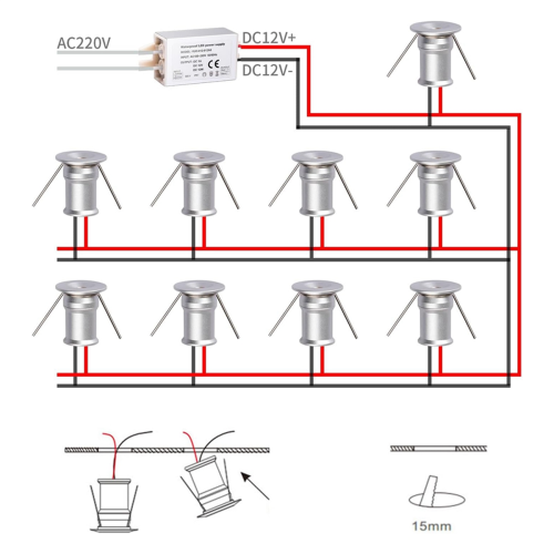 Mini-Downlight DC12V 1W 3000K 9er-Pack Silbernes Gehäuse, 2