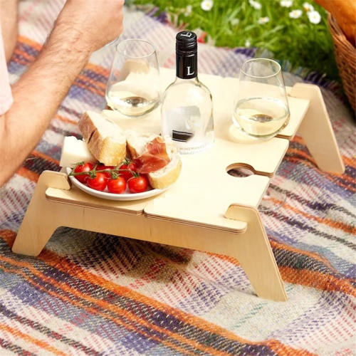Klappbarer Picknicktisch aus Holz mit Glashalter, rund 2