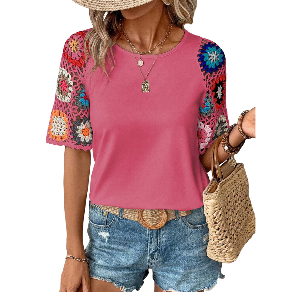 Maglia Girocollo A Maniche Corte All'uncinetto, Rosa Rossa Xxl