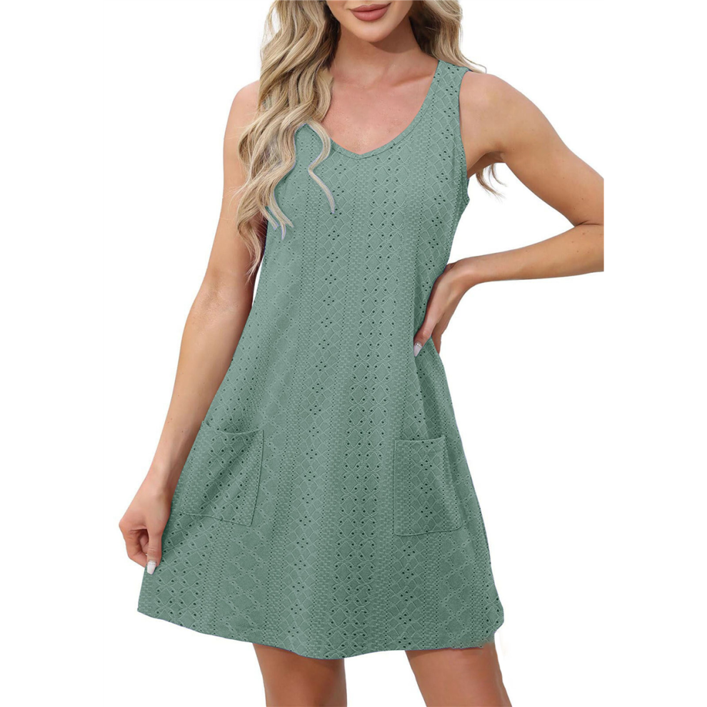 Robe sans manches à col en V et poches pour femme, verte