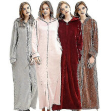 (M, brown) Ladies Hooded Dressing Gown Bath Robe Warm Soft Womens Fleece Zip Up Long Robes