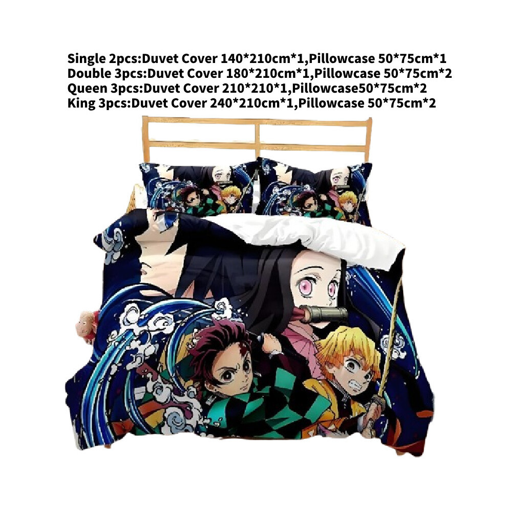 (Double(180x210cm)) Demon Slayer Bedding Set Anime Bed Linen Single Queen King Sets Cover Duvet