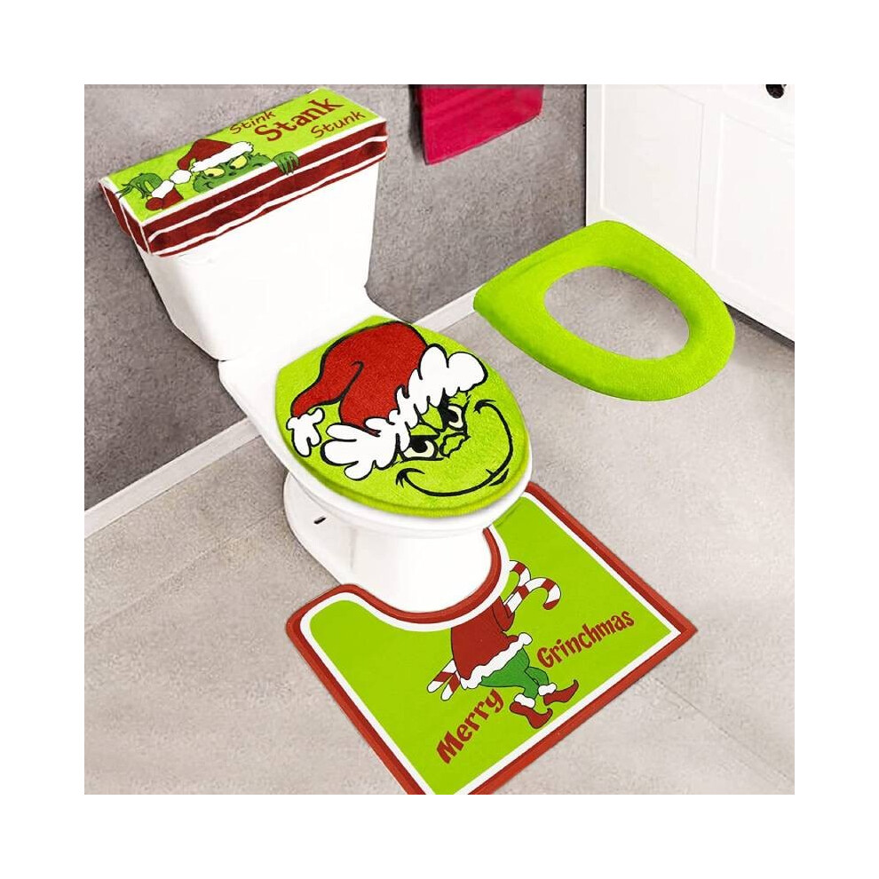Toilet Bathroom 4pcs Christmas Grinch Decor Sets Seat Collar Cover Non Mat Slip