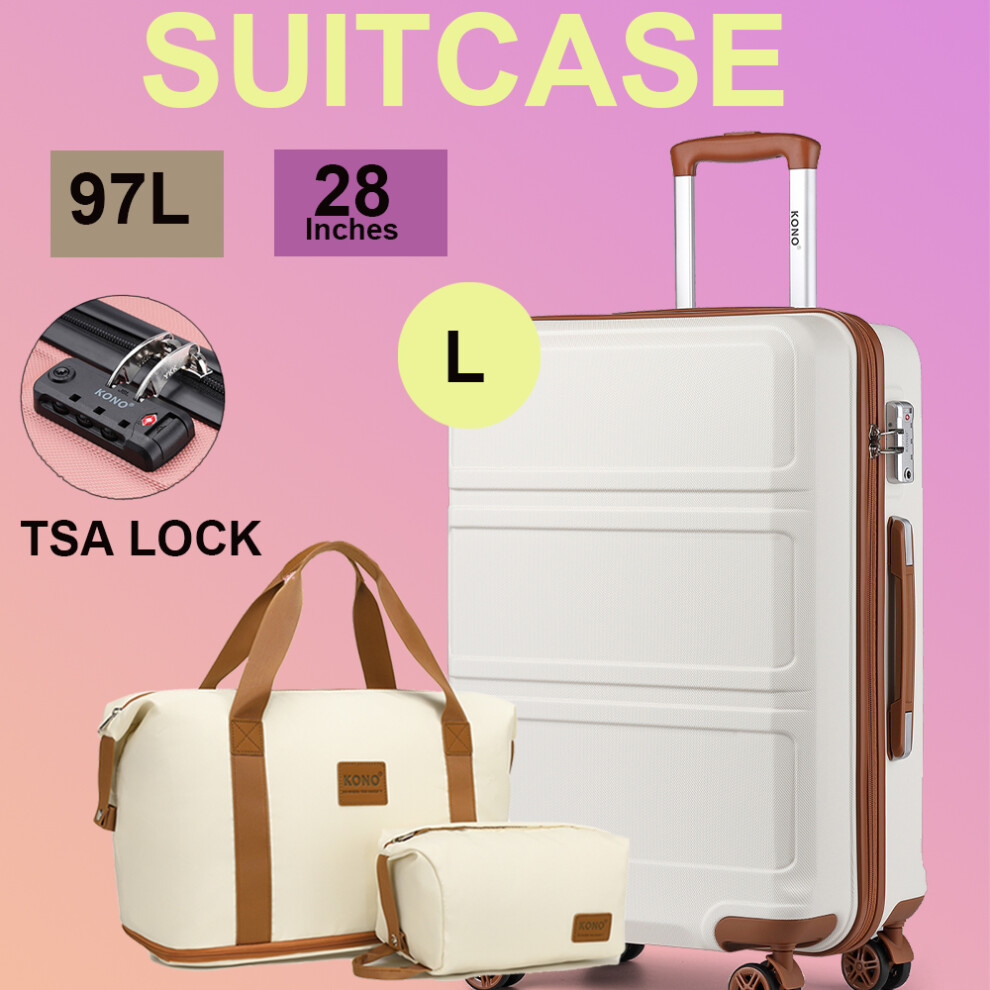 (Cream, 28 inch + travel bag) KONO 5PCS Travel Set 20/24/28 Inch ABS Hard Shell Suitcase And Duffel Bags-image-OPC-PF8GZT8-NEW