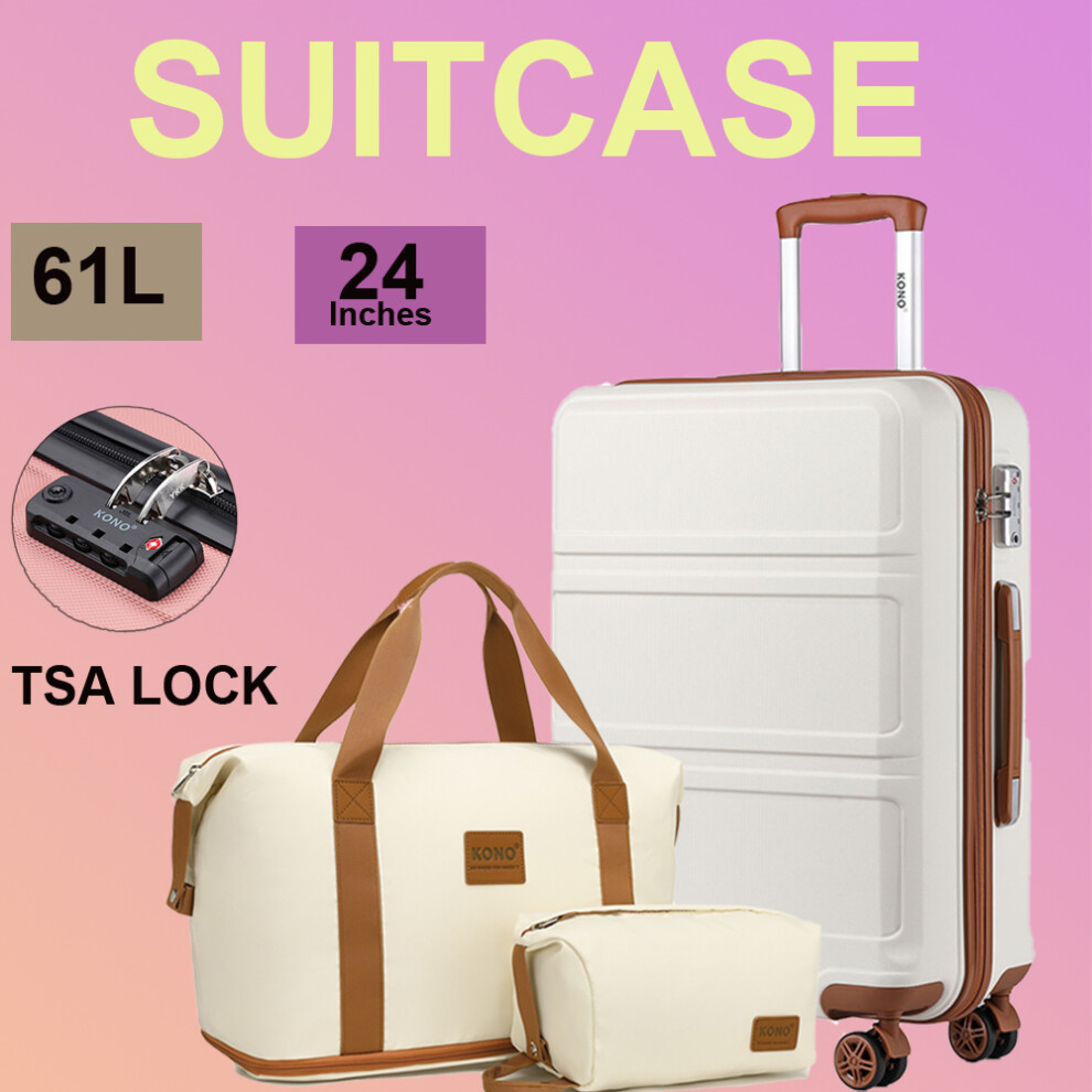 (Cream, 24 inch + travel bag) KONO 5PCS Travel Set 20/24/28 Inch ABS Hard Shell Suitcase And Duffel Bags-image-OPC-PF8GZT7-NEW